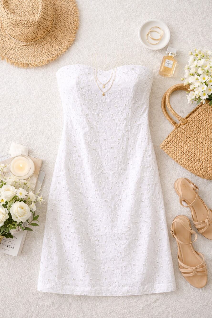 Theory White Eyelet Strapless Dress Size 6 Cotton Summer Minimalist Bridal